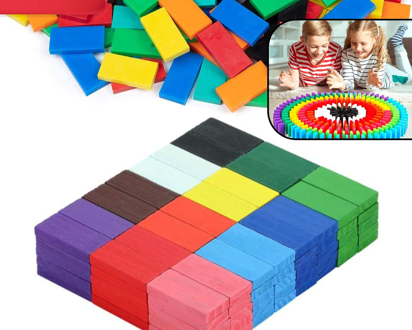 Domino blocks spread out in various colors
