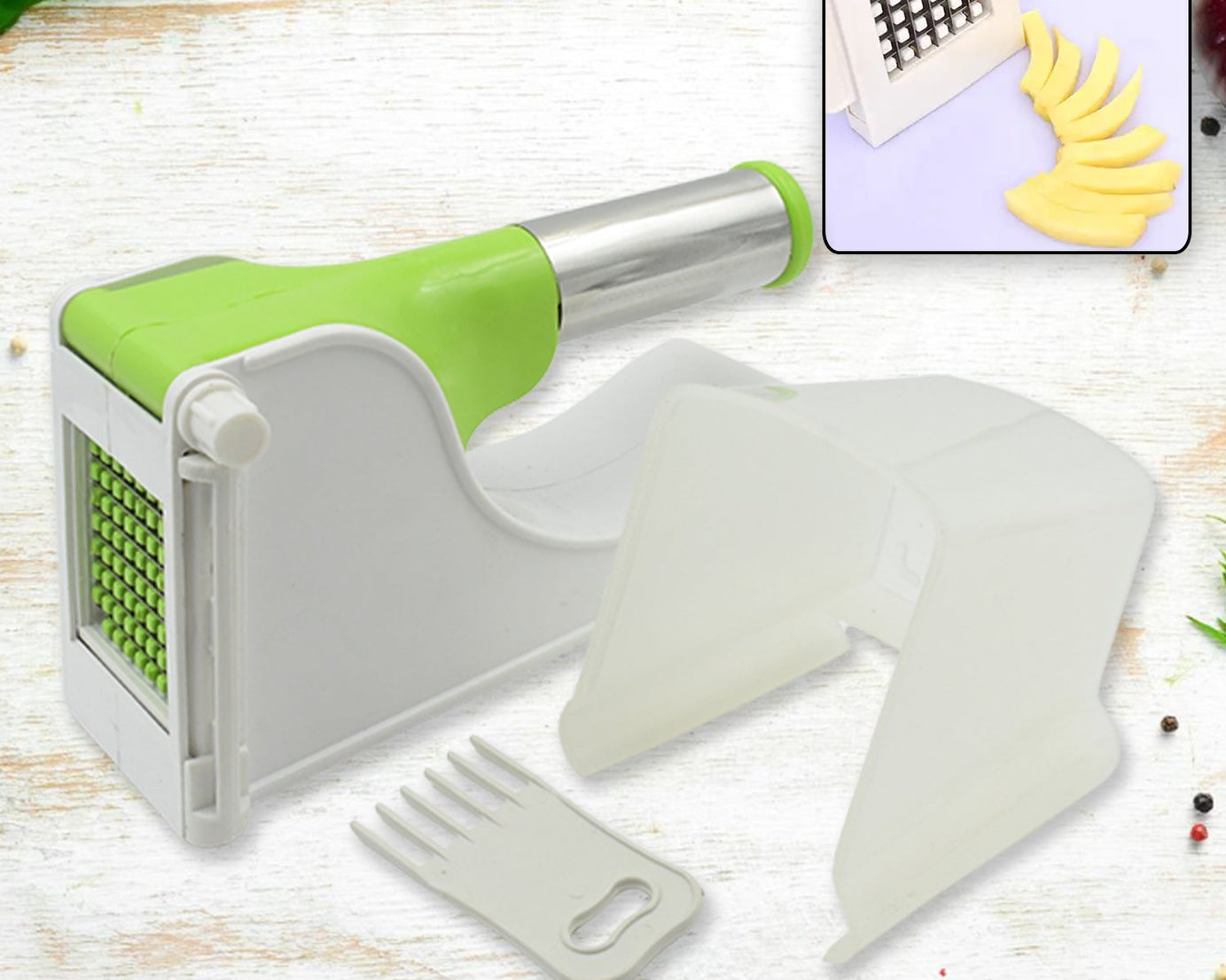 Plastic potato chipser with container.