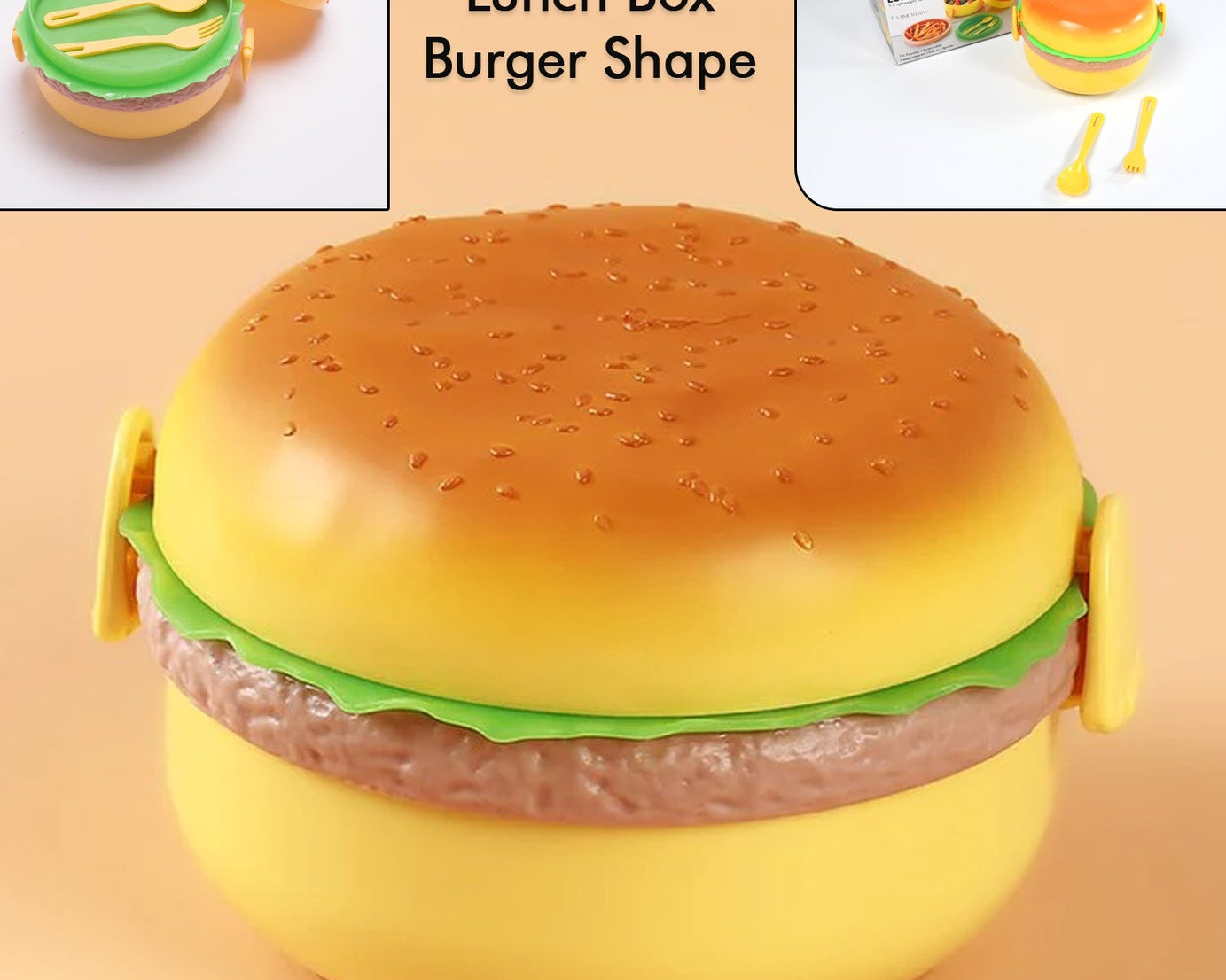 Burger Shape Lunch Box Plastic Lunch Box Food Container Sets Double Layer Lunchbox 1000ml With 2 Spoon Applicable to Kids and Elementary School Students