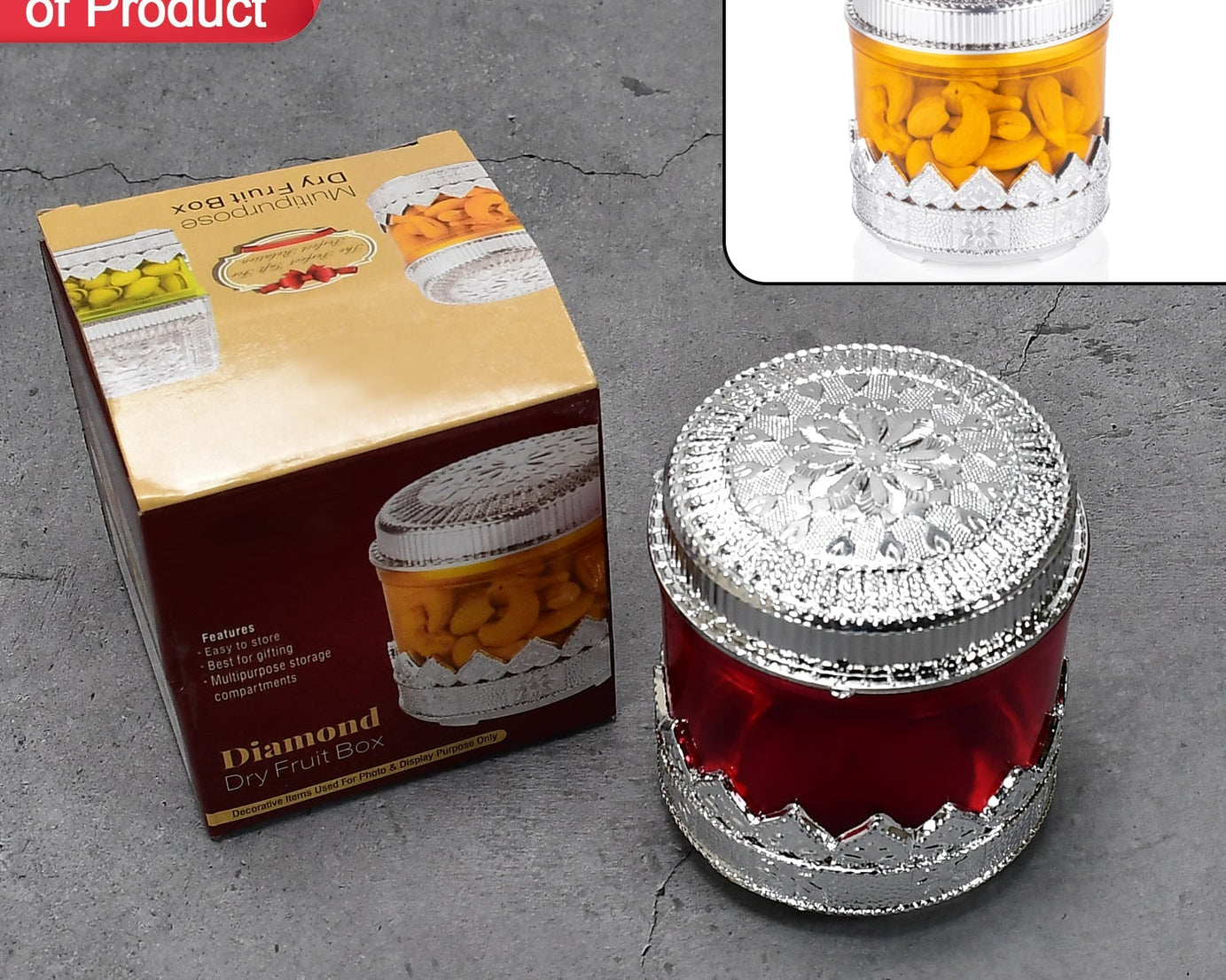 Dry fruit storage box with diamond design, close-up