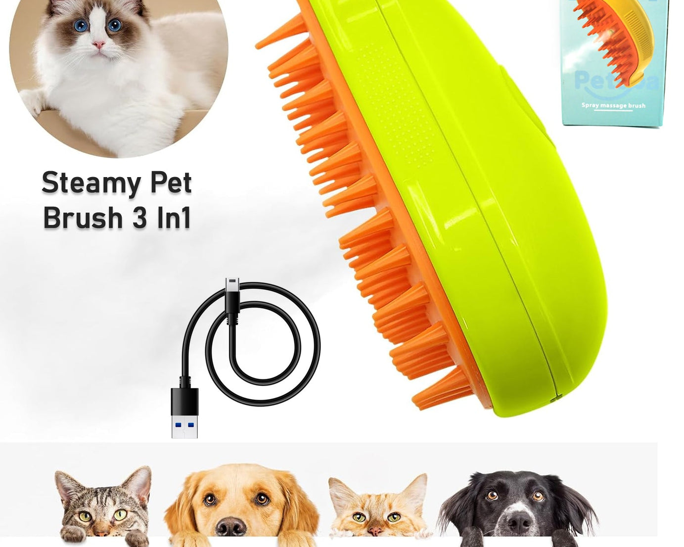 3 In1 Cat Steamy Brush, Self Cleaning Steam Cat Brush Cat Steamer Brush for Massage Cat Grooming Brush Pet Hair Removal Comb for Cat and Dog, for Removing Tangled and Loose Hair