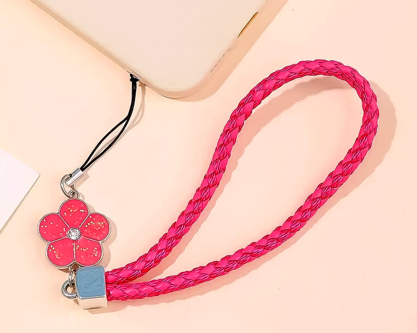 Flower Shape metal alloy pendant Nylon Braided leather hand strap lanyard phone (1 Pc / Multicolor)