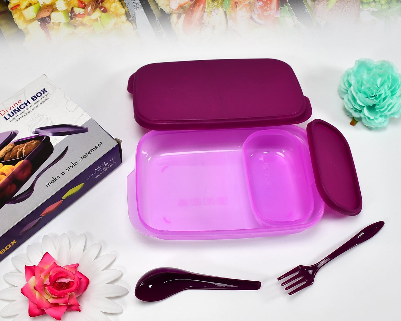 BPA-free lunch box with 2 containers and spoon included.