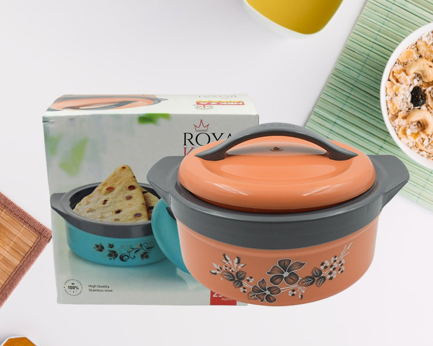 Casserole Box for Food Searving Inner Steel Insulated Casserole Hot Pot Flowers Printed Chapati Box for Roti Kitchen (Approx 2500 ml)
