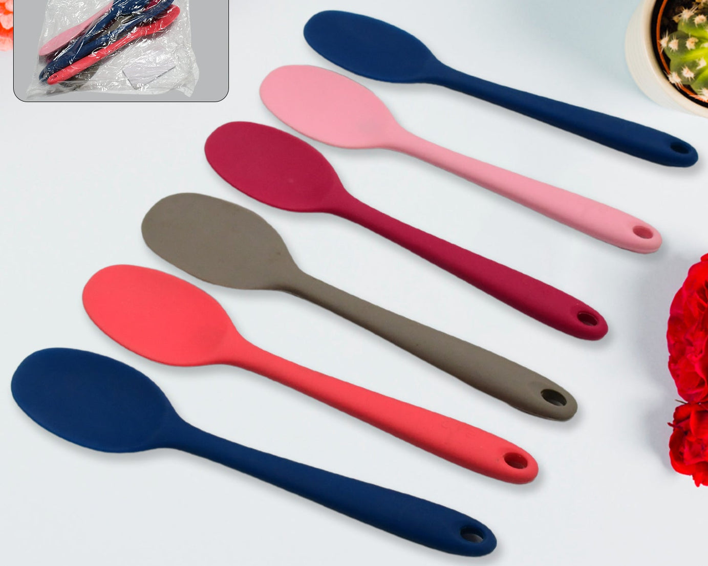 Multipurpose Silicone Spoon, Silicone Basting Spoon Non-Stick Kitchen Utensils Household Gadgets Heat-Resistant Non Stick Spoons Kitchen Cookware Items For Cooking and Baking (6 Pcs Set)