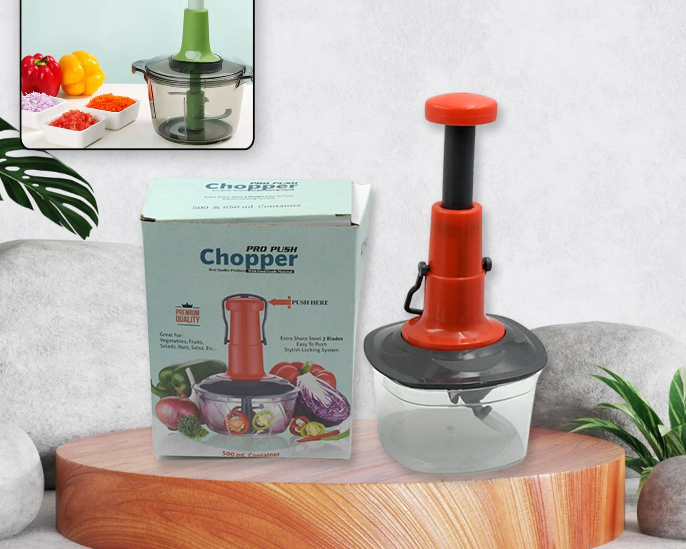 Manual Food Chopper (650ml): 3 Stainless Steel Blades, Locking System, Anti-Slip Base