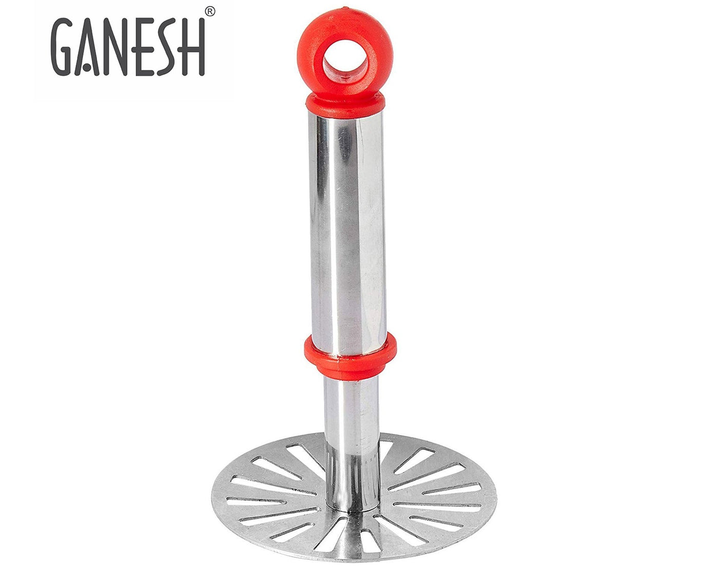 Silver and plastic potato masher, Ganesh brand, with plastic handle, oval design.