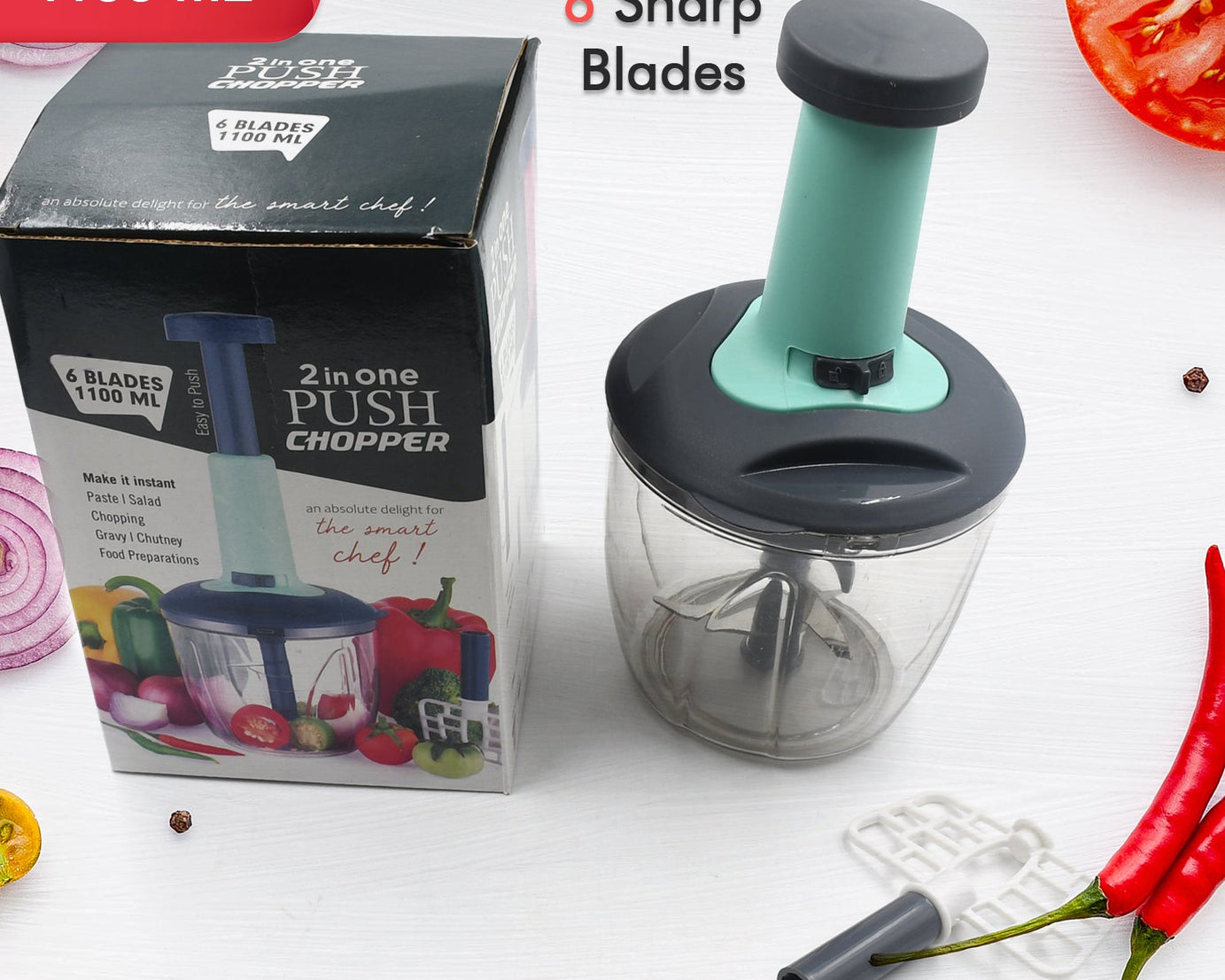 1100 ml 2 in 1 Push up Chopper with Blender affixed with 6 Sharp Blade | Vegetable and Fruit Cutter with Easy Push and chop Button