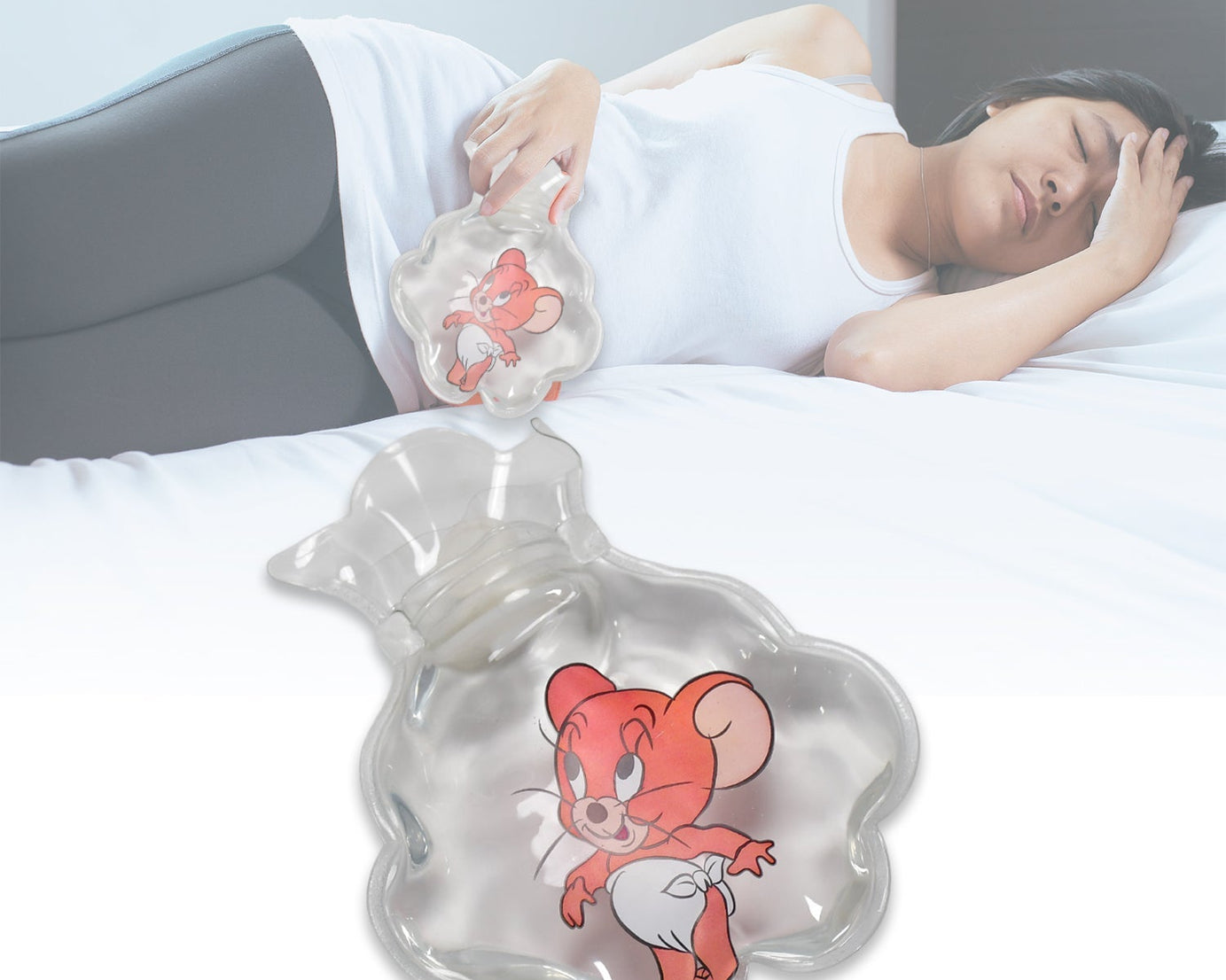 Transparent hot water bag with cover.
