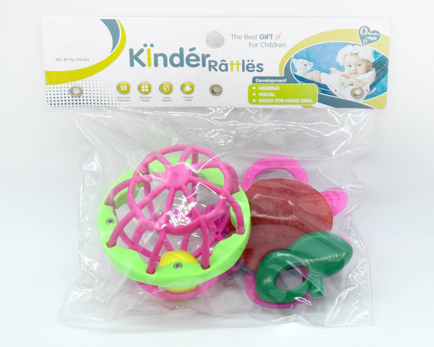 Colorful baby rattle set with various textures for sensory stimulation and fun.