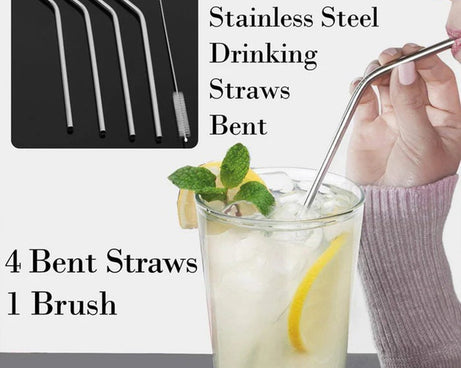 Reusable Stainless Steel Drinking Straws Bent (4 Bent Straws, 1 Brush)