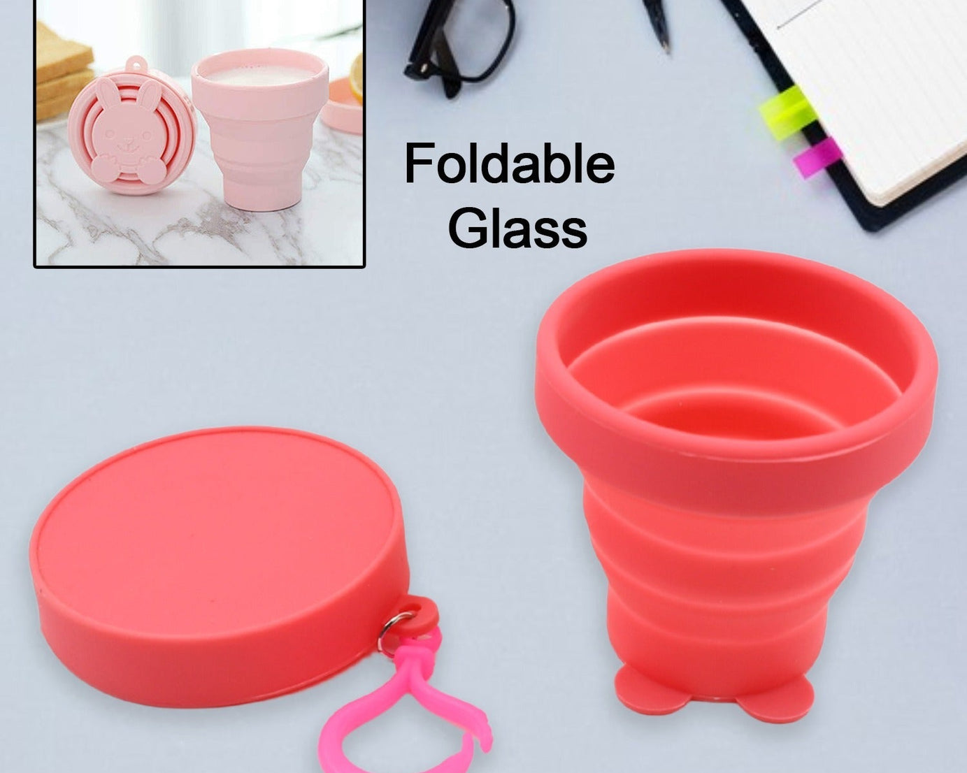 8736 Reusable Folding Silicone Tumbler / Glass / Cup, Folding Cups with Reusable Lid, Silicone Folding Cup with Clip Hook Folding Travel Cup Bag for Travel, Camping, Sports (1 Pc)