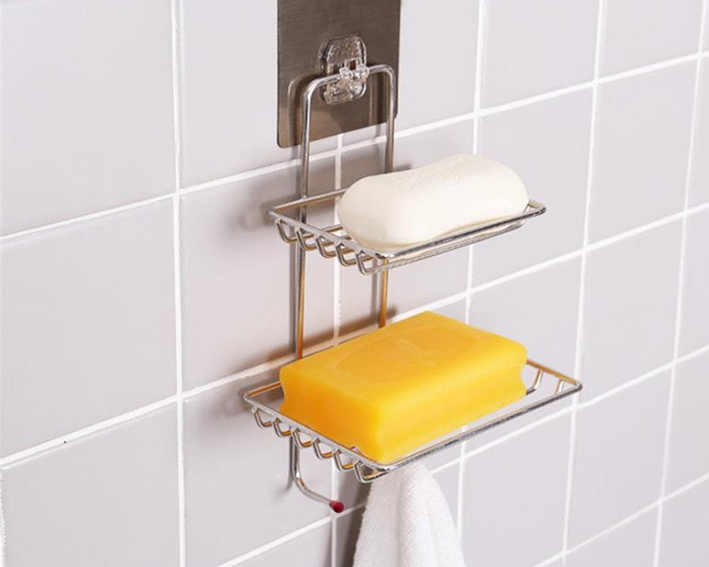 Storage rack with hooks for soaps and sponges