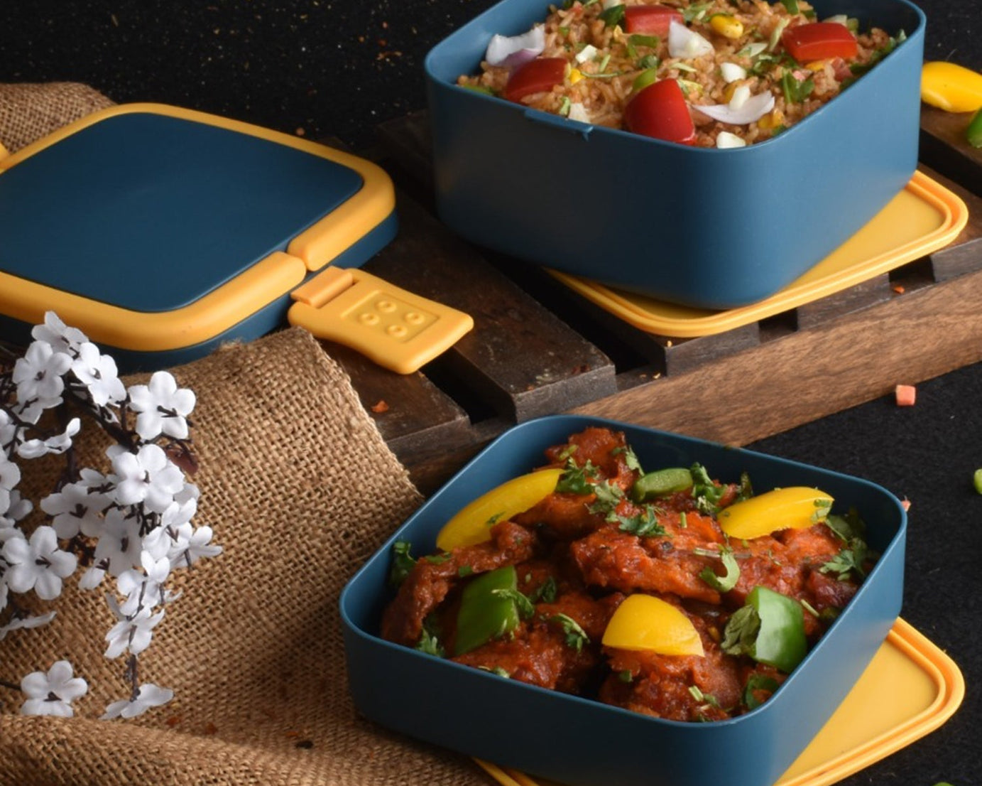 Blue stackable lunch box with handle