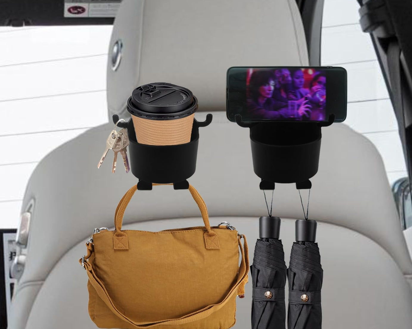 Car Headrest Backseat Organizer, 3 in 1 Automotive Cell Phone Drink cupholder Adapter with Headrest Hooks for Kids and Adults, Multifunctional Storage for Car Travel Accessories