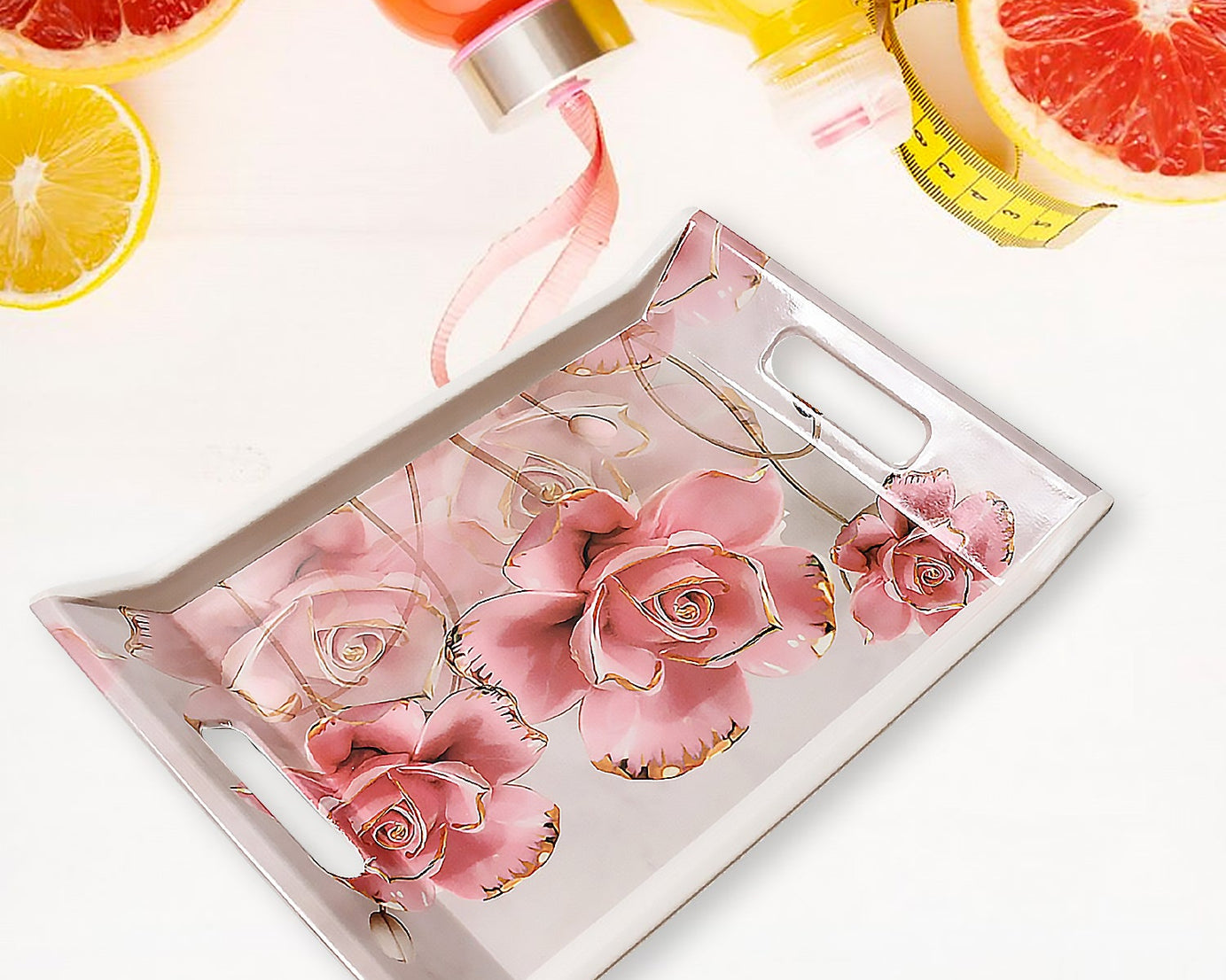 Plastic Rectangular Shape Flower Printed Design Serving Tray 3 pcs Home and Kitchen Use (3 pcs set)