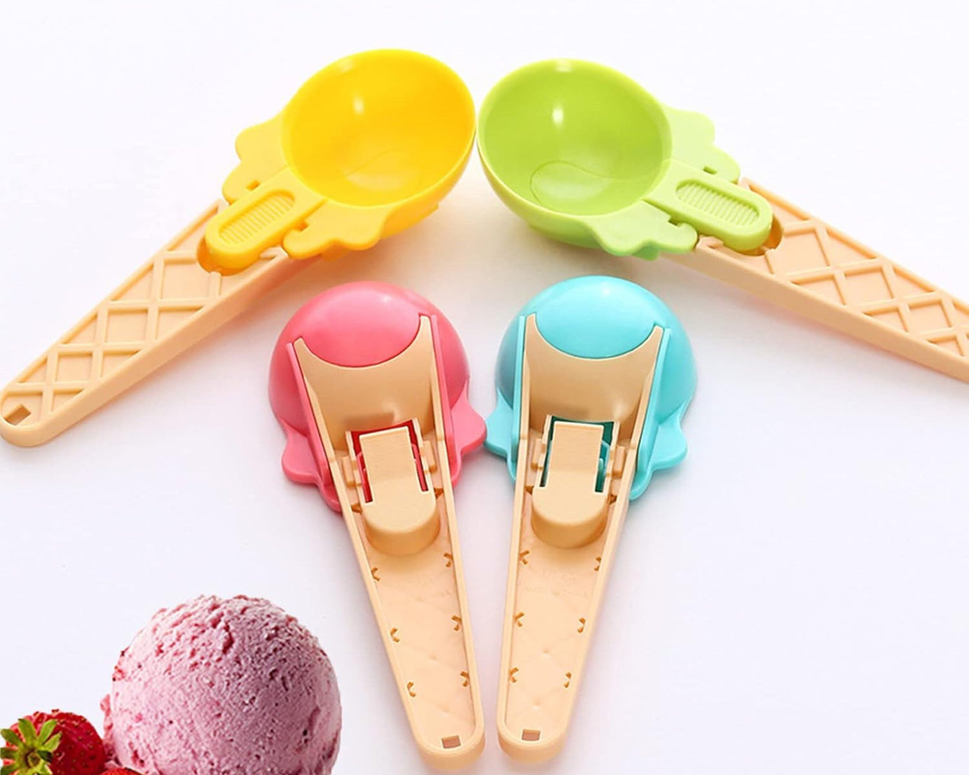 Ice Cream Spoons 2pcs Plastic Water Melon Scoopers with Trigger Dipper and Adults for Summer Party Ice Cream Scoop, Food Serving Spoon Kitchen Tools Ice Cream Digging Spoon Household Spoons Cupcake Spoons Aps Fruit Ball Player (2 Pc)