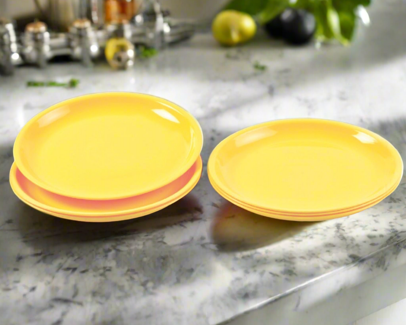 Set of round mini soup plates on a table.