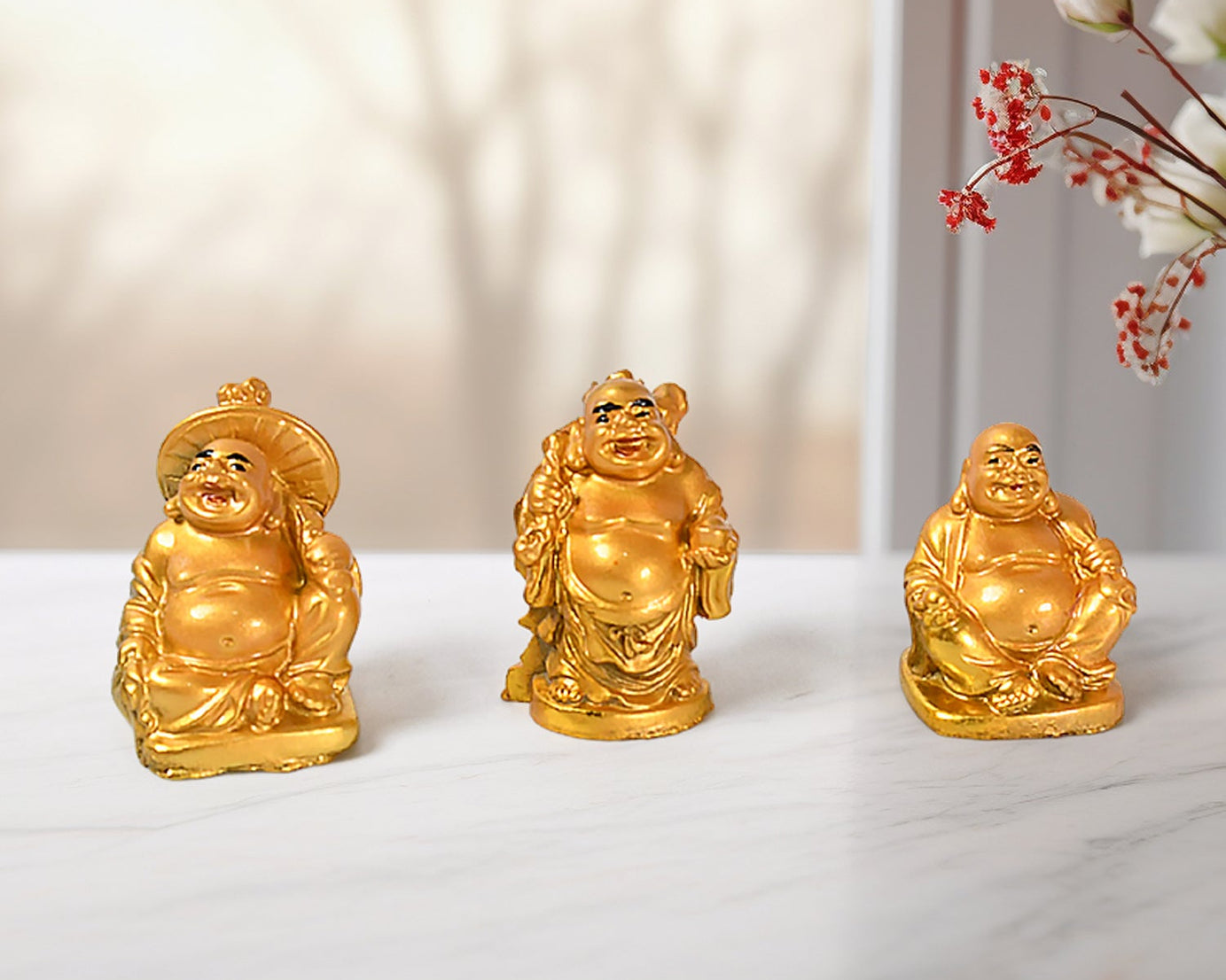 Golden Laughing Buddha Set Of Six Pieces Statue For Happiness, Wealth & Good luck Decor For Wealth and Success (6 Pcs Set)