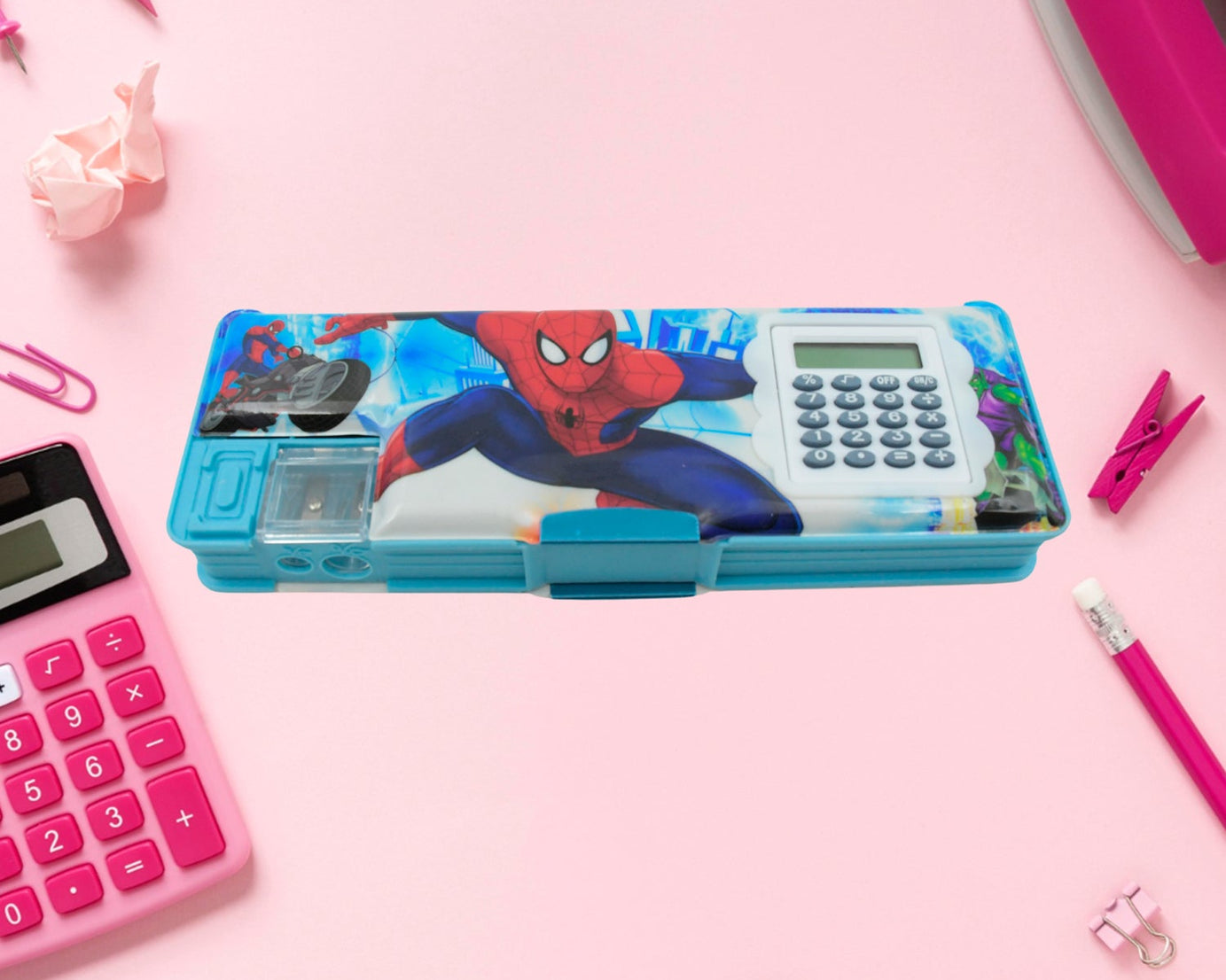 4260 Art & Stationery Cartoon Multi-functional Geometry Box for Boys with Inbuilt Calculator, 2 Sides Open and Double Sharpener Stationery Kit Pencil Box for Boys Art Plastic Pencil Box  for Girls and Boys