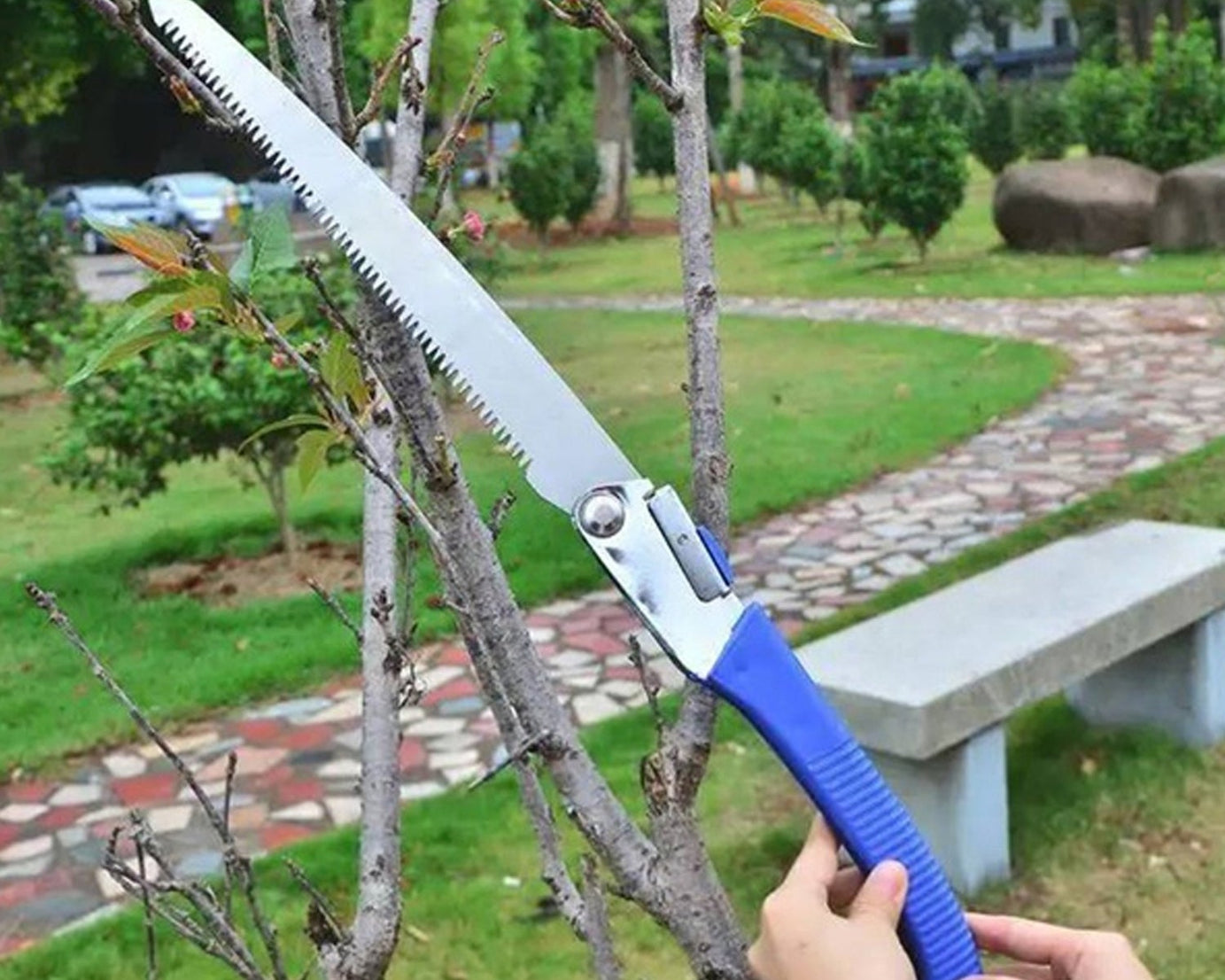 Gardening saw in use for cutting branches or logs