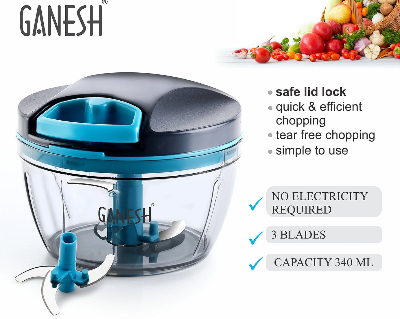 Grey Wonder Chopper by Ganesh, 470 ml, various perspectives and details.