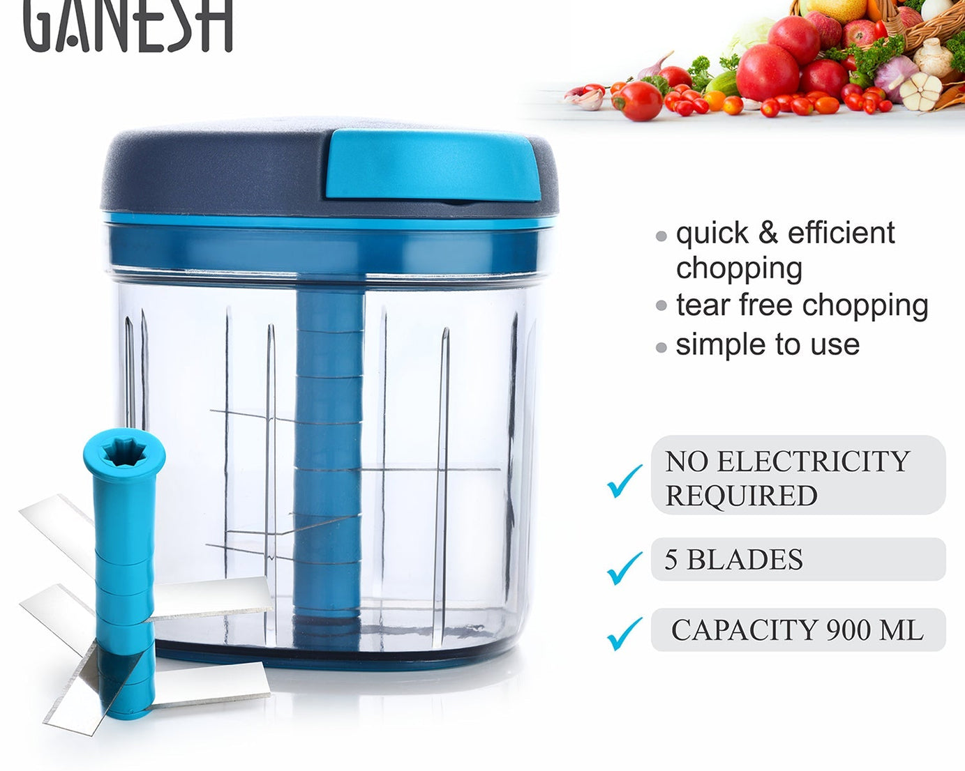 Ganesh Master Chopper, XL size with 5 stainless steel blades, shown from various perspectives.