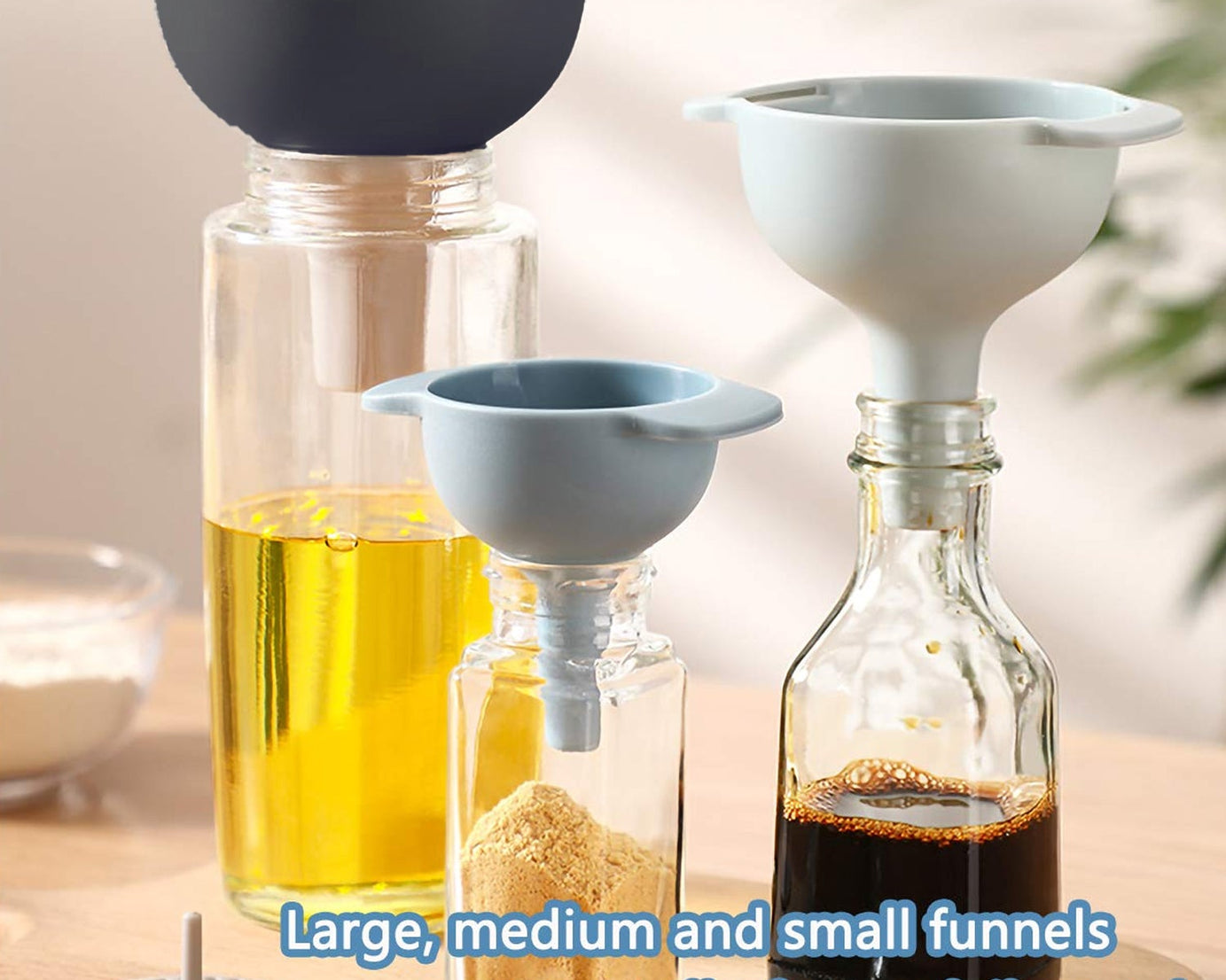 3 in 1 Kitchen Funnel Set of 3, Funnel for Filling Bottle, Small Canning Funnel with Handle, Food Grade Plastic Funnel with Detachable Strainer Filter for Liquid, Dry Ingredients, and Powder