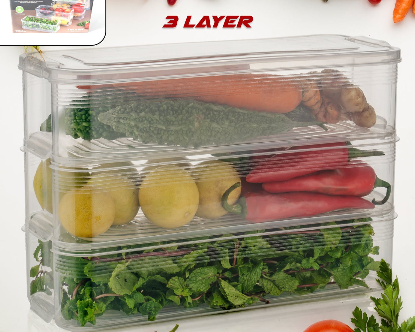 3 Fridge Storage Container, Fridge Organizer with Lid Stackable Fridge Storage Containers Plastic Freezer Storage Containers for Fish, Meat, Vegetables, Fruits, Pack of 3pcs, 1500ML Approx