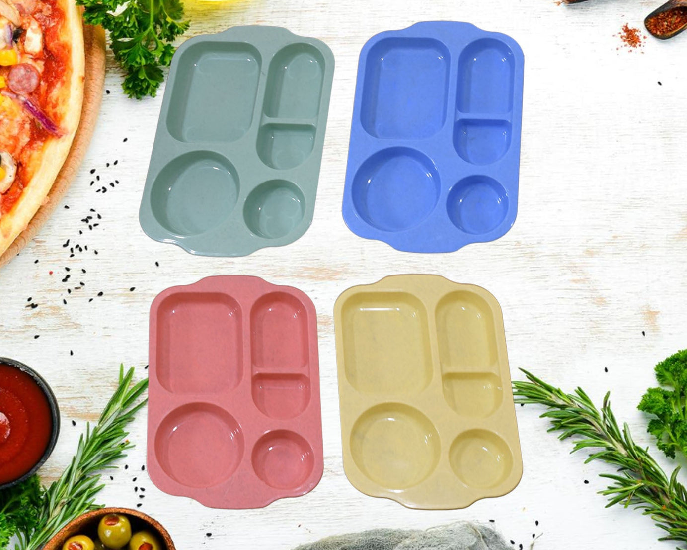 Divided Plates, 5 Compartments 32 CM Split Plates, Shatterproof Separating Plates For Kids And Adults, Microwave and Dishwasher Tableware Set, Multi-Colour, Modern (4 Pc Set)