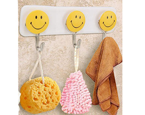 Smiley face wall hooks for hanging items, pack of 3.
