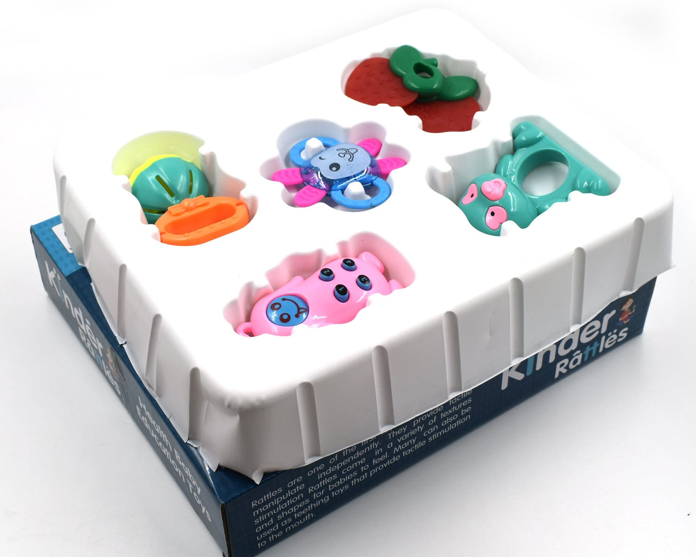 Baby rattle toy with bright colors and various textures for sensory play.