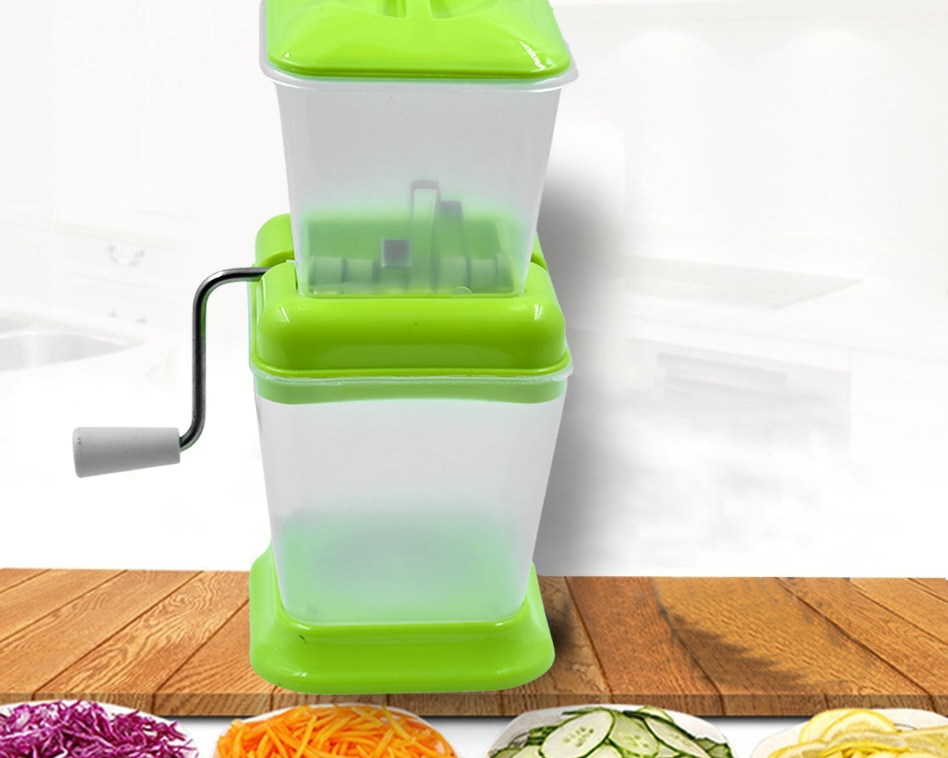 Onion chopper and vegetable cutter with easy rotating blade.