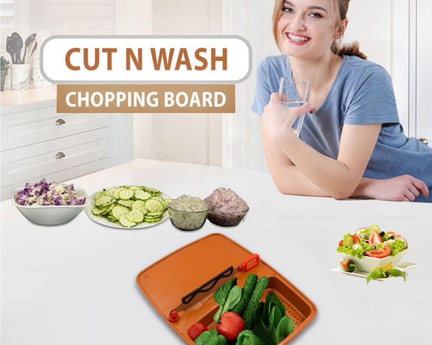 Cut and wash box with integrated tray for efficient fruit and vegetable handling.