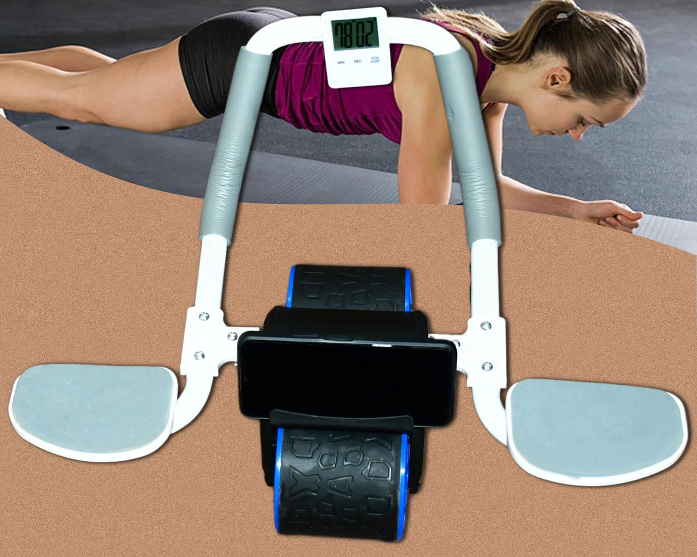7209 Abdominal Roller Wheel, Automatic Rebound Sponge Handle, Double Wheel Abdominal Roller, Non-Slip Timer Function with Elbow Support for Exercises for Body Fitness Strength Training Home Gym