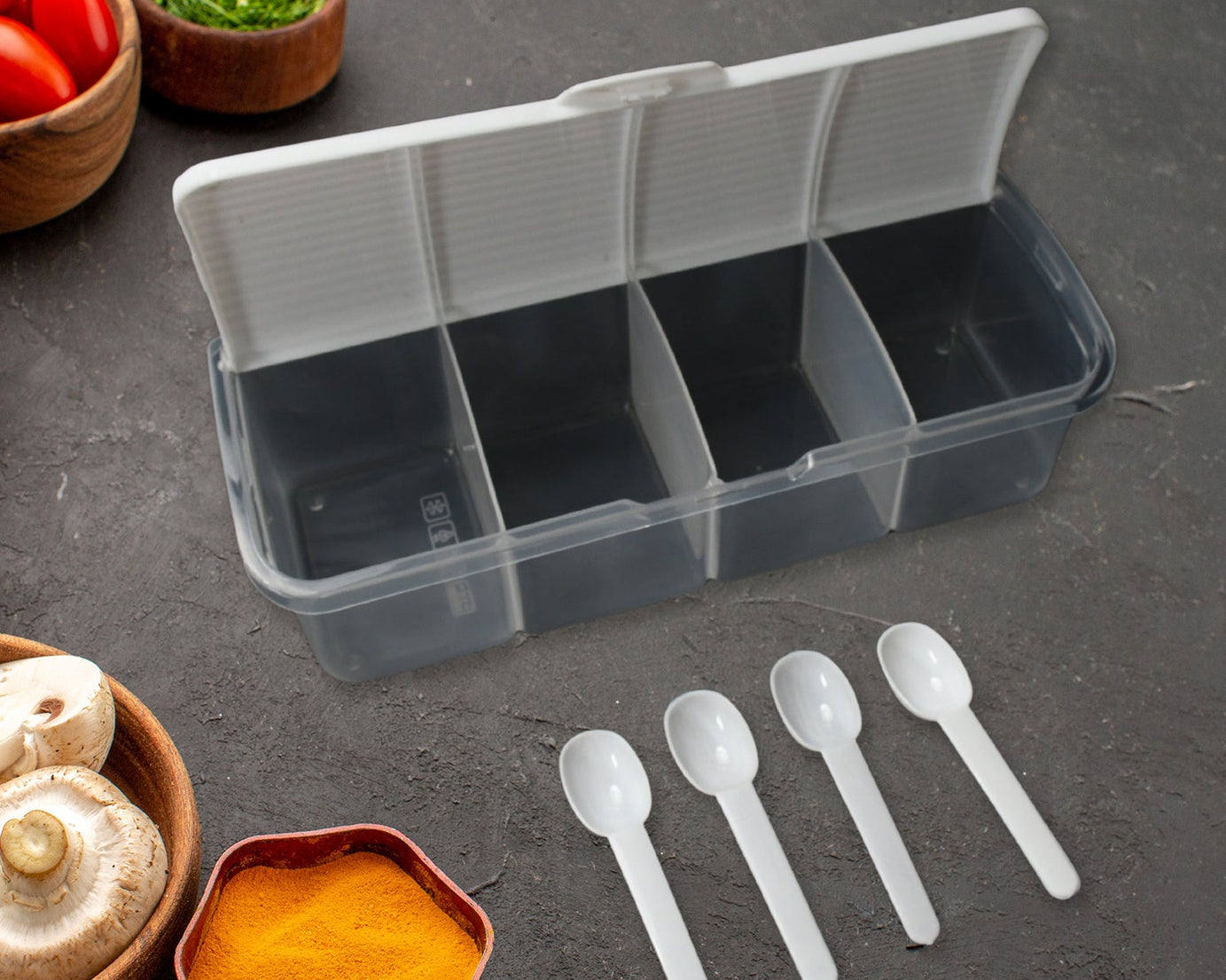 Kitchen Multipurpose Air-tight 4 Sections Storage Containers / Masala Box Pickle (Achar) Jar with 4 spoon for each section (1 Pc / Mix Color)