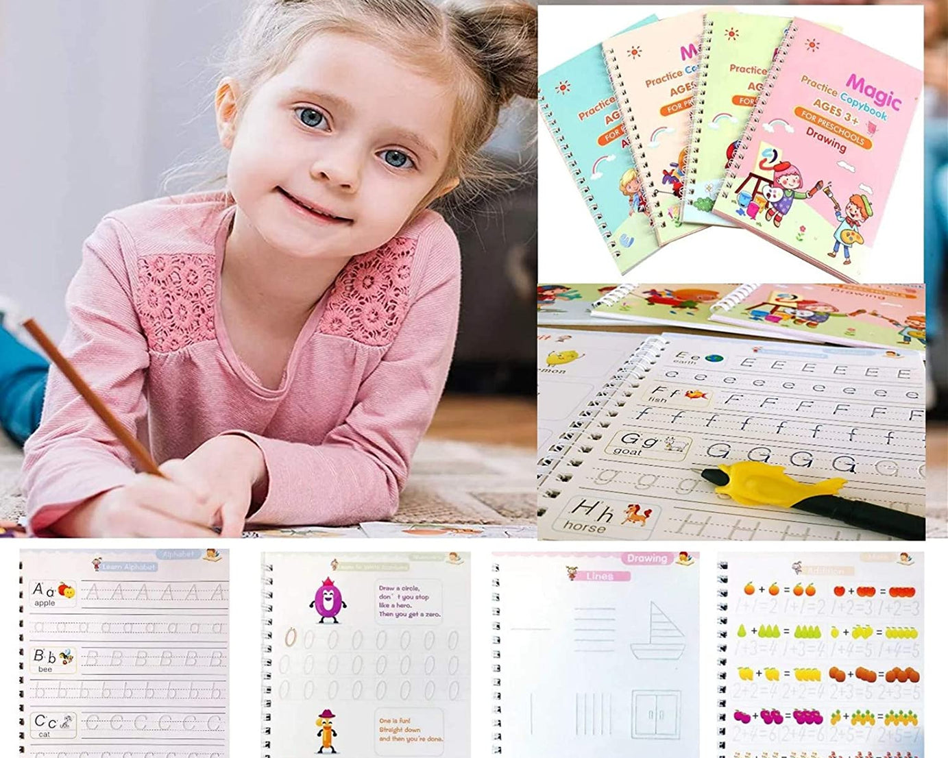 Set of 4 magic copybooks for education and practice