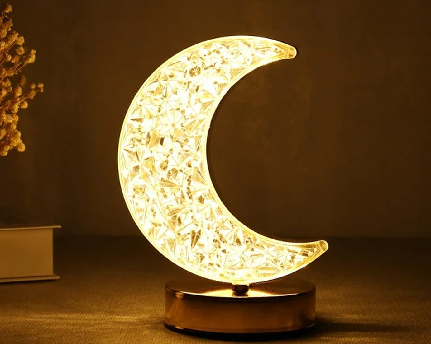 Crystal Table Lamp | Moon Shape Touch Control Lamp with 3 Color | Metal Bedside Lamp for Kids Bedroom Romantic Desktop Nightstand | Stepless Dimming USB Charging Touch Night Light