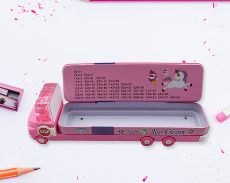 Double Decker Magic Truck Compass Multi Level Metal Truck Compass Pencil Case with Movable Wheels & Sharpener (Mix Design)