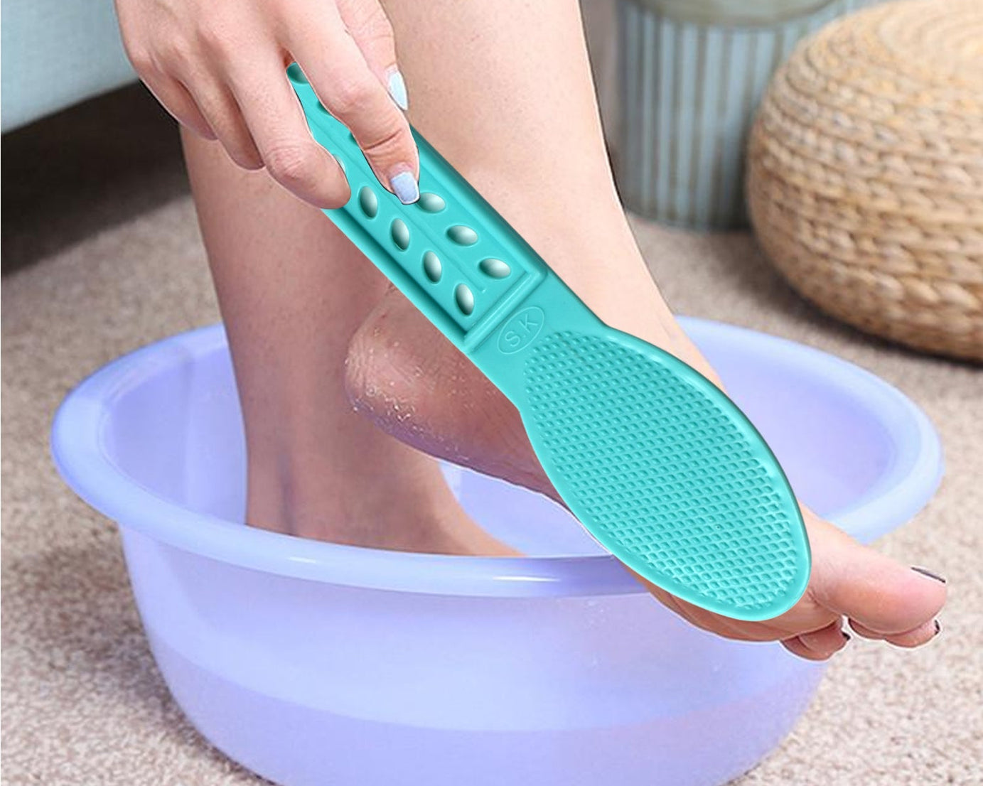 Foot scrubber with handle for pedicure.