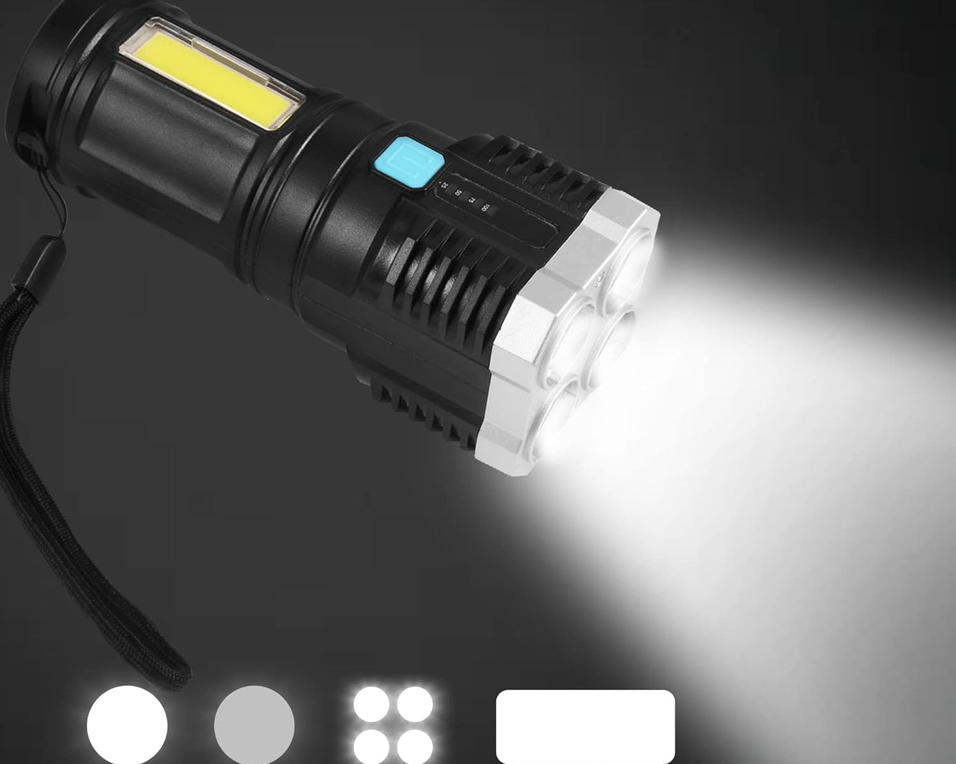 Multifunctional Strong 4 LED Torch Light, Portable Rechargeable Flashlight Long Distance Beam Range 800 Lumens COB Light 4 Mode Emergency for Hiking, Walking, Camping (4 LED Torch)