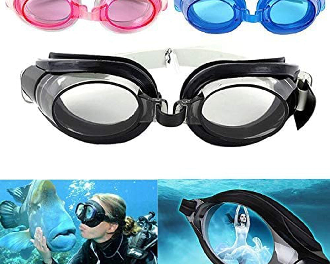 Swimming goggles with clear lenses and adjustable strap