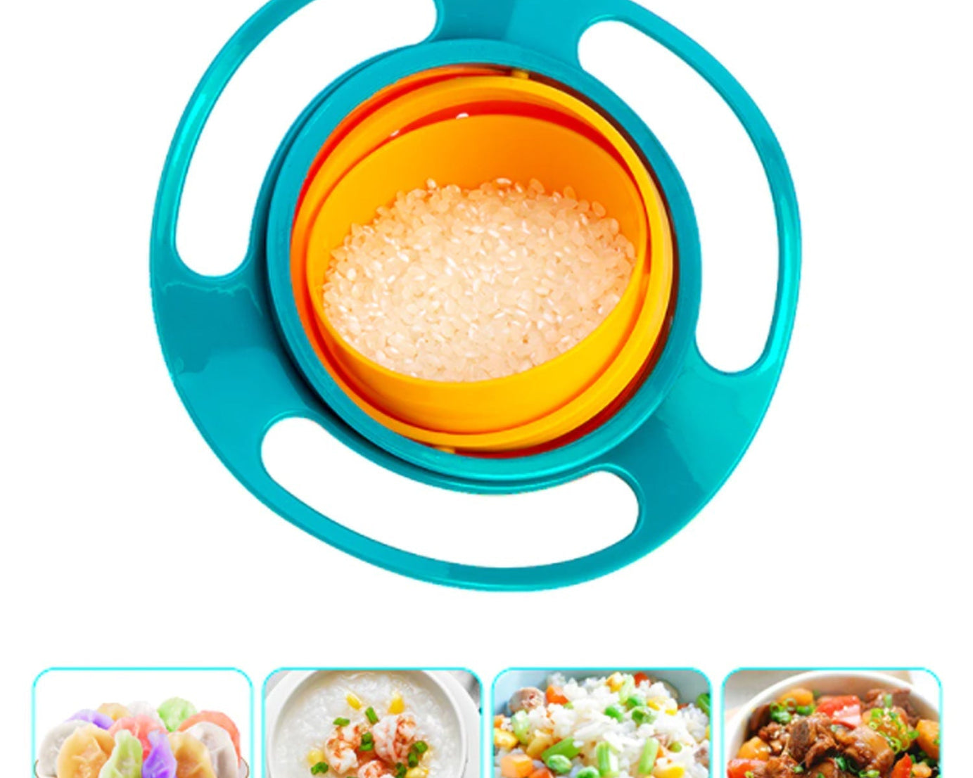 Rotating baby bowl for easy serving of food to toddlers, reducing spills.