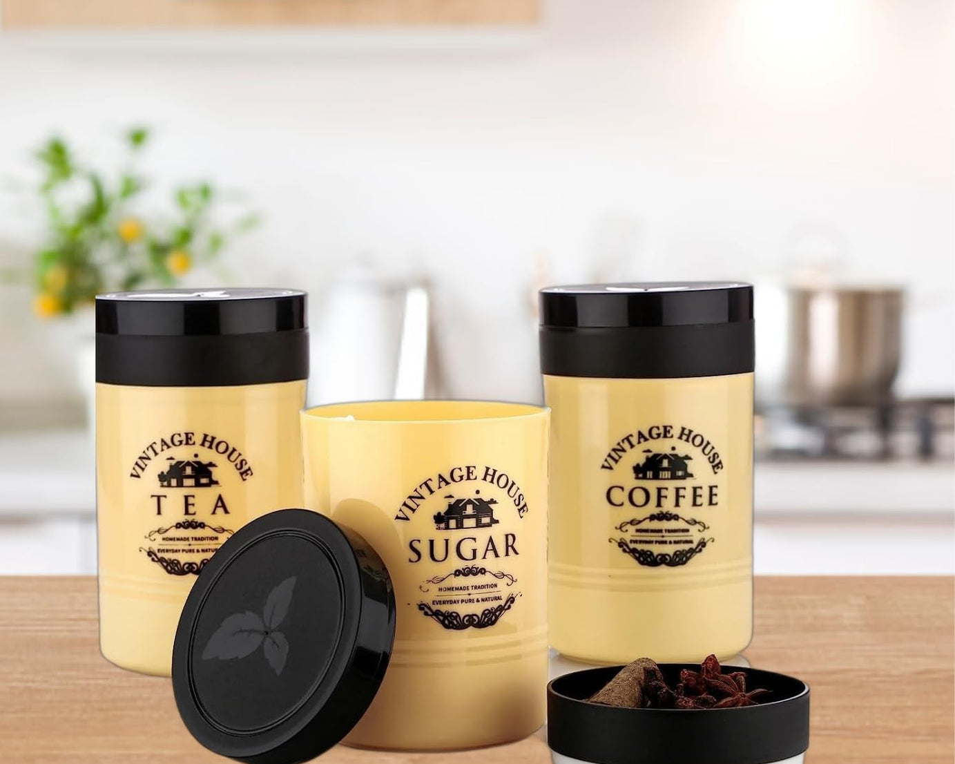 5736 Accurate Seal Tea Sugar Coffee Container - 3 Pcs Plastic Damru Shaped Tea, Coffee, Sugar Canisters Jar, New Airtight Food Seal Containers for Salt, Dry Fruit, Grocery Multicolor (3 Pcs Set)