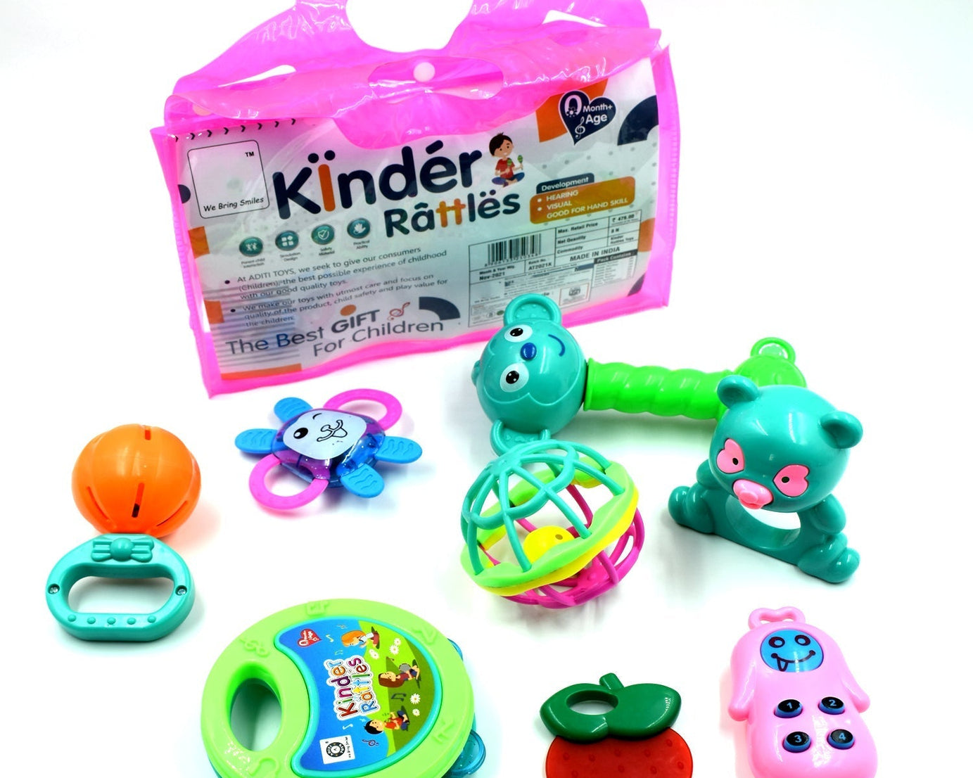 Assorted baby rattles featuring various shapes and colors for baby playtime.