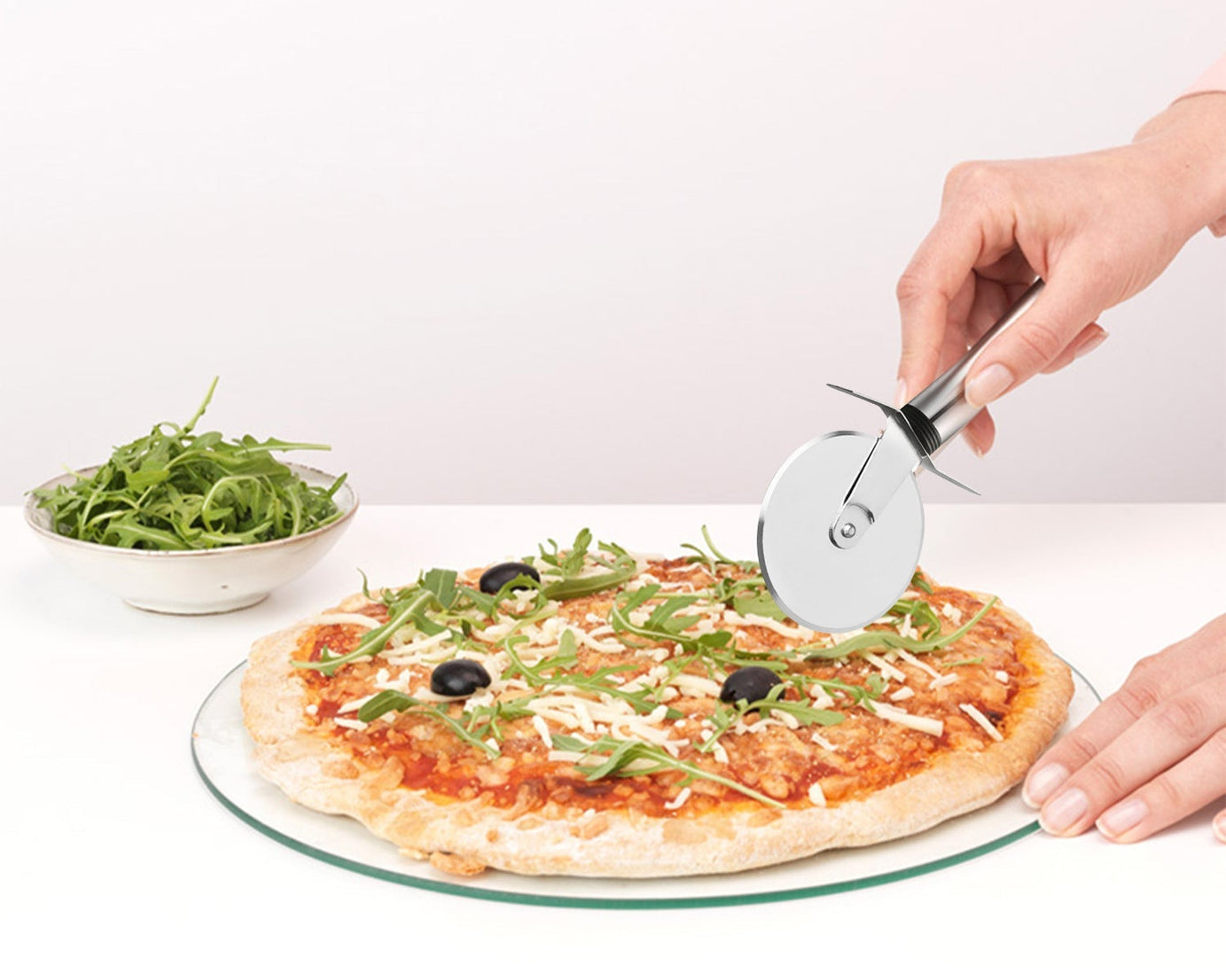 Sharp pizza cutter for easy slicing.