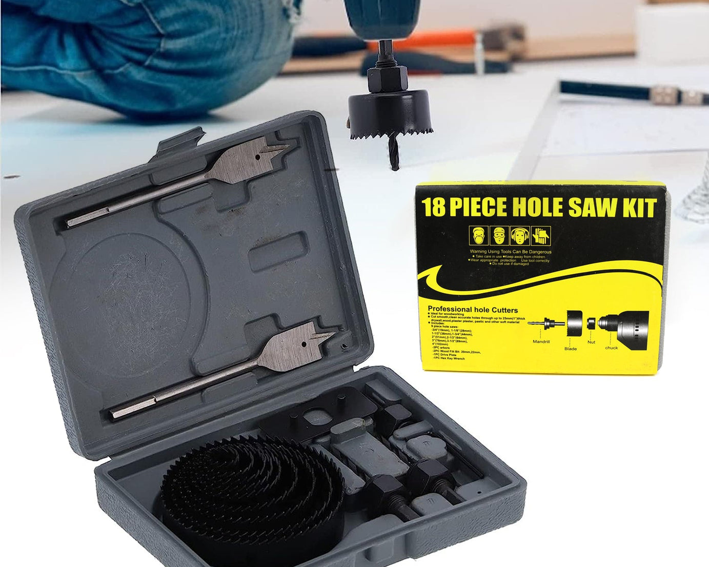 7576 Drill Hole Cutter, Carbon Steel High Accuracy Incisive Hole Saw for Cutting PCV for Cutting Plastic for Cutting Wood Hole Saw Kit (18 Pcs Set)
