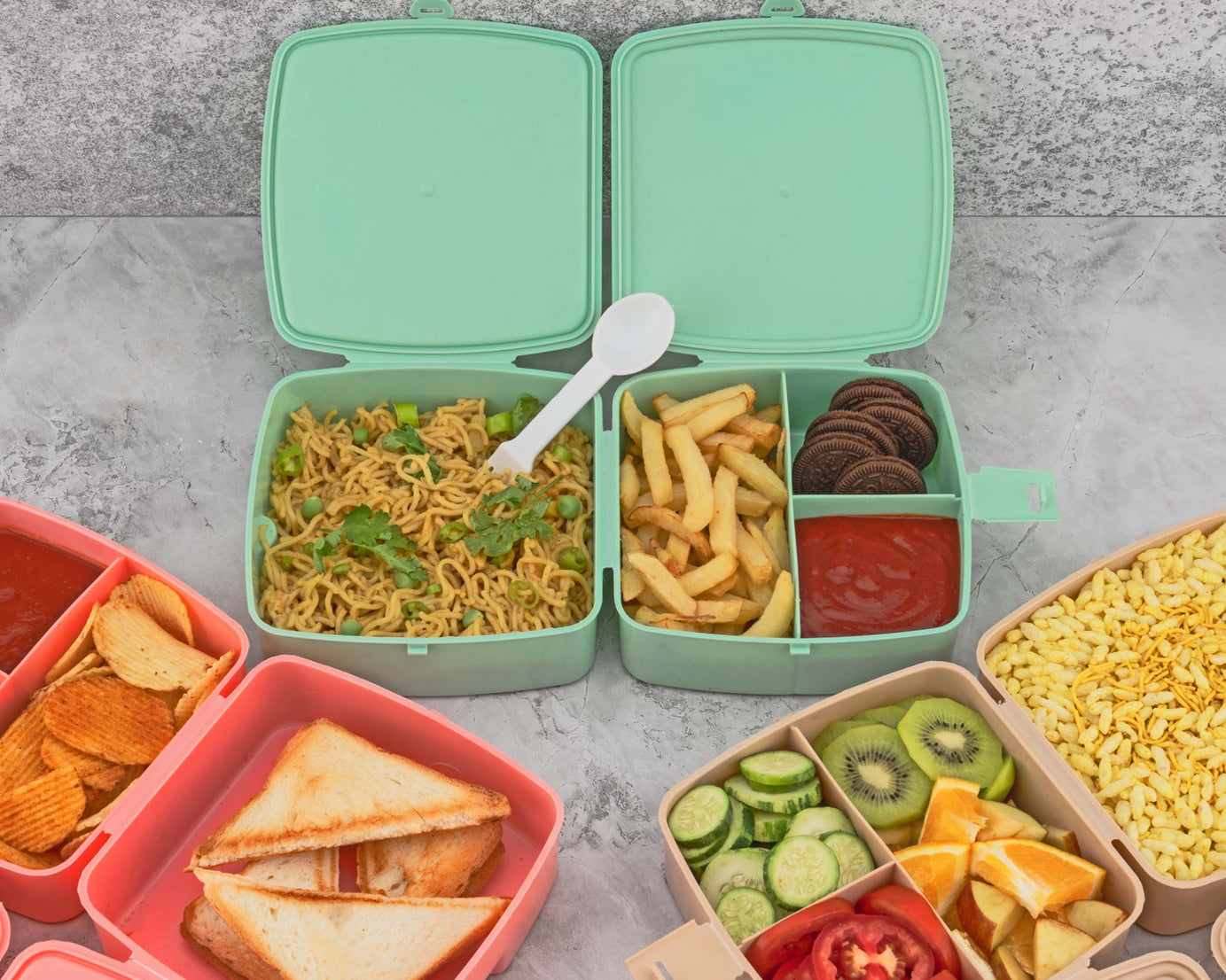 Double-Layer Square Lunch Box with  Spoon , 4 Compartment Tiffin & Push Lock , Plastic Tiffin Box for Travelling, School Kids & Office Exclusive, Home
