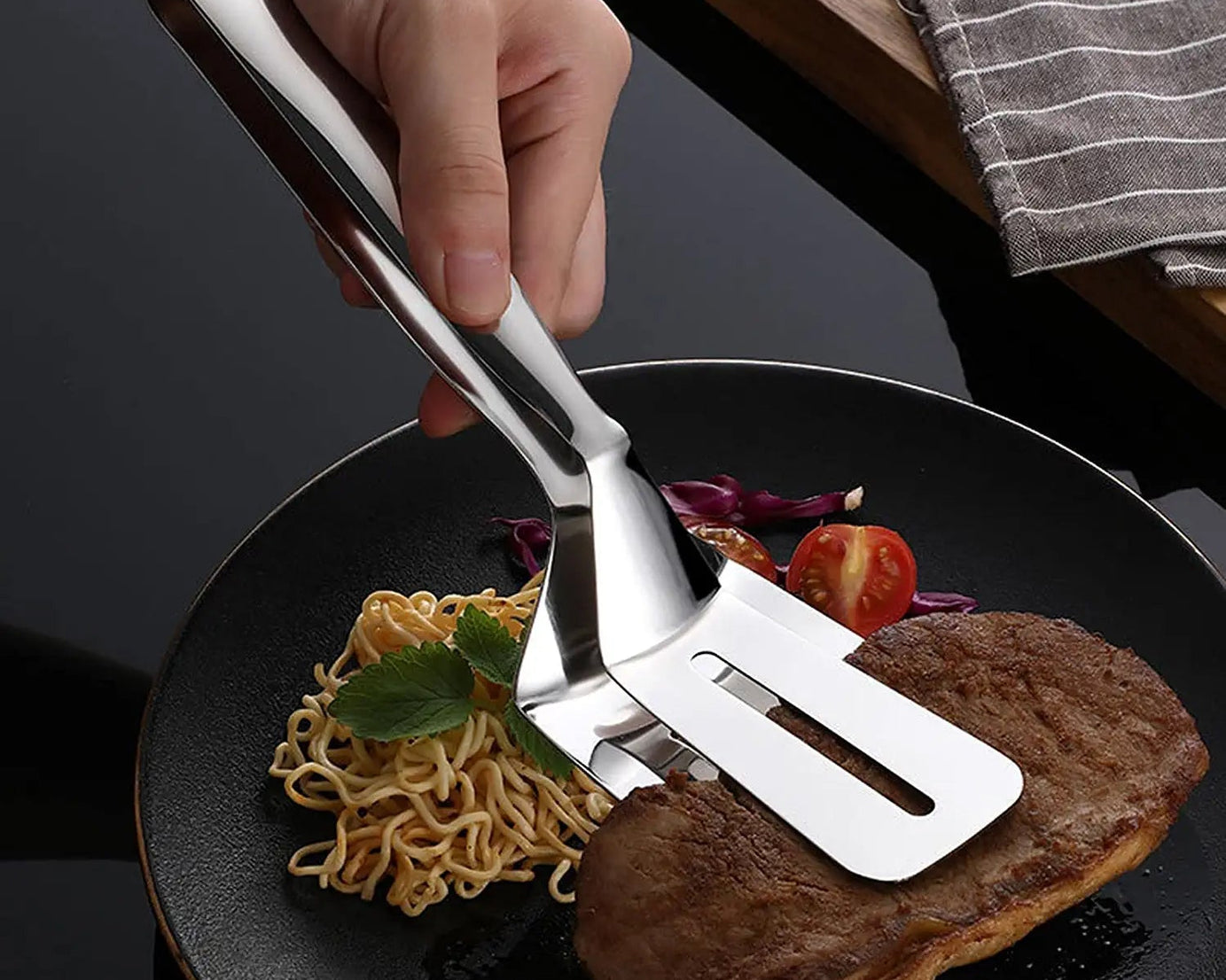 Stainless steel kitchen tongs for grilling and serving food