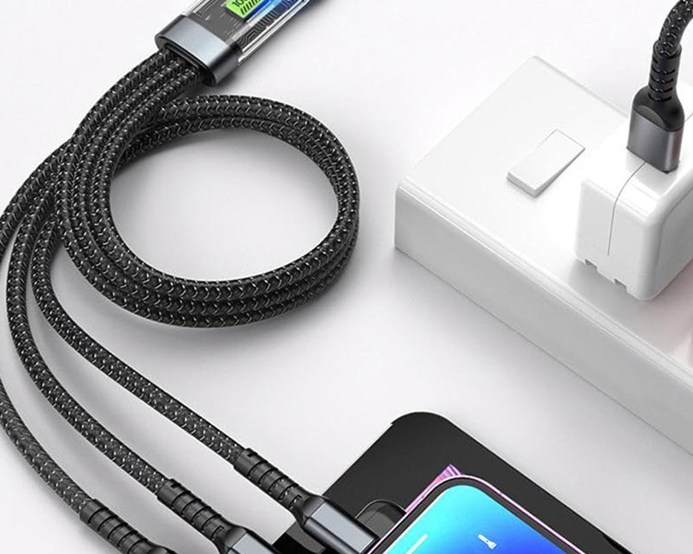 3-in-1 Super Fast Charging Cable 100w, Multifunctional Convenient Super Fast Charging Cable Nylon Braided Cord, 3-in-1 Silicone Zinc Alloy 3 Head Charging Cable